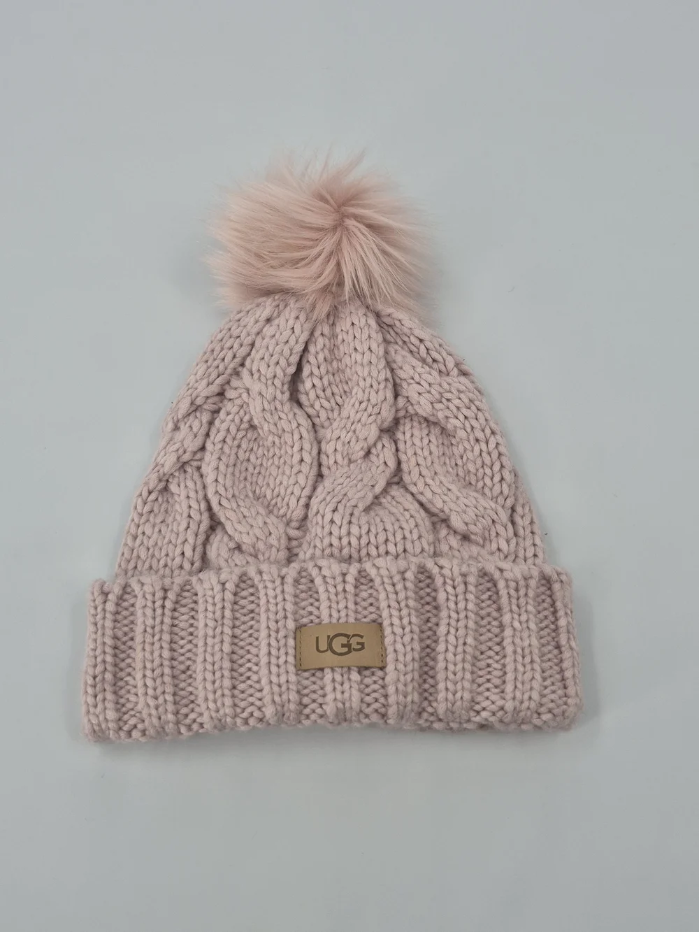 UGG O/S Hat Cable Knit Pom Beanie Cuffed Light Pink Womens